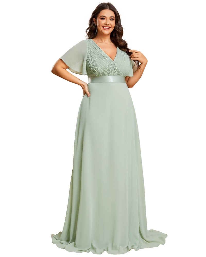 Front of a model wearing a size 22 Long Chiffon Empire Waist Bridesmaid Dress with Short Flutter Sleeves in Mint Green by Ever-Pretty. | dia_product_style_image_id:329496